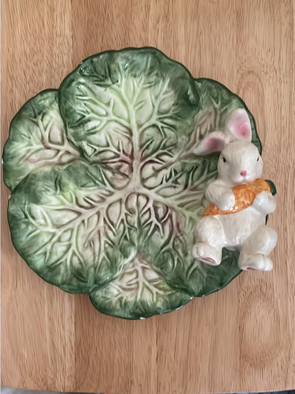 Bunny on Cabbage Leaf Ceramic Dish - Green & White